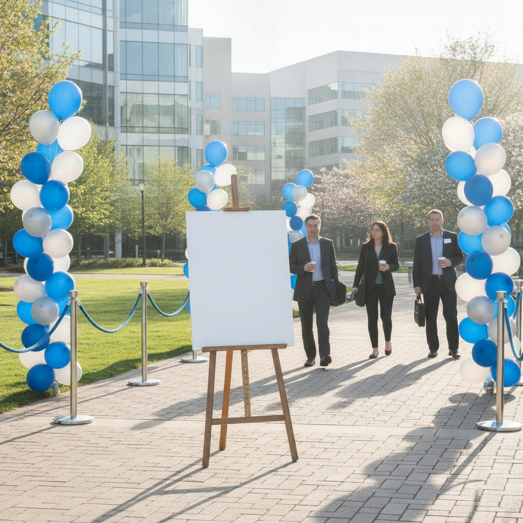 Event entrance scene with an empty foam board sign on an easel ready for a printable welcome back message