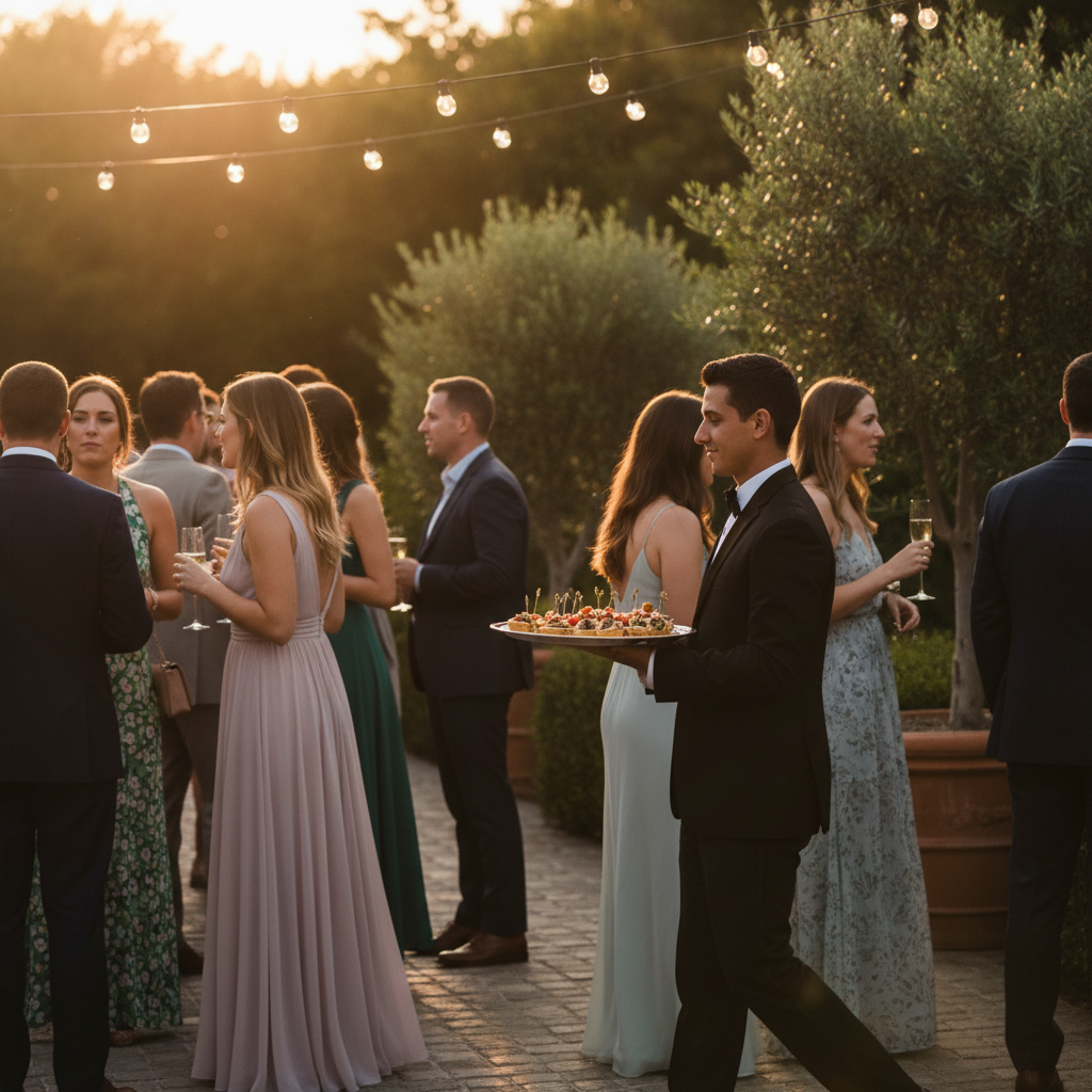 Outdoor wedding cocktail hour with passed hors d’oeuvres and smooth guest flow