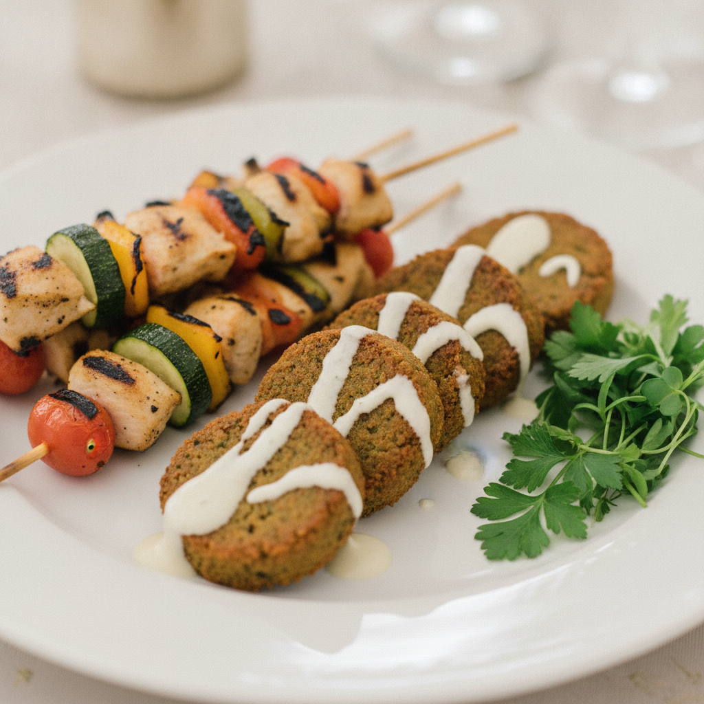 Wedding catering appetizers close-up with labeled, inclusive options