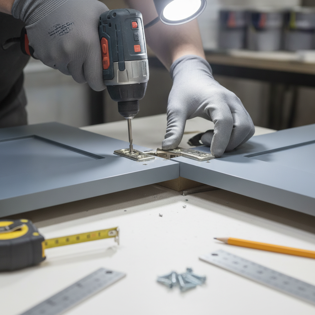 Kitchen & Bathroom Remodels: Should You Do Both at Once? 1 Close-up of painted MDF cabinet door with soft-close hinges being installed, illustrating factory-direct cabinetry quality for a combined kitchen and bathroom renovation
