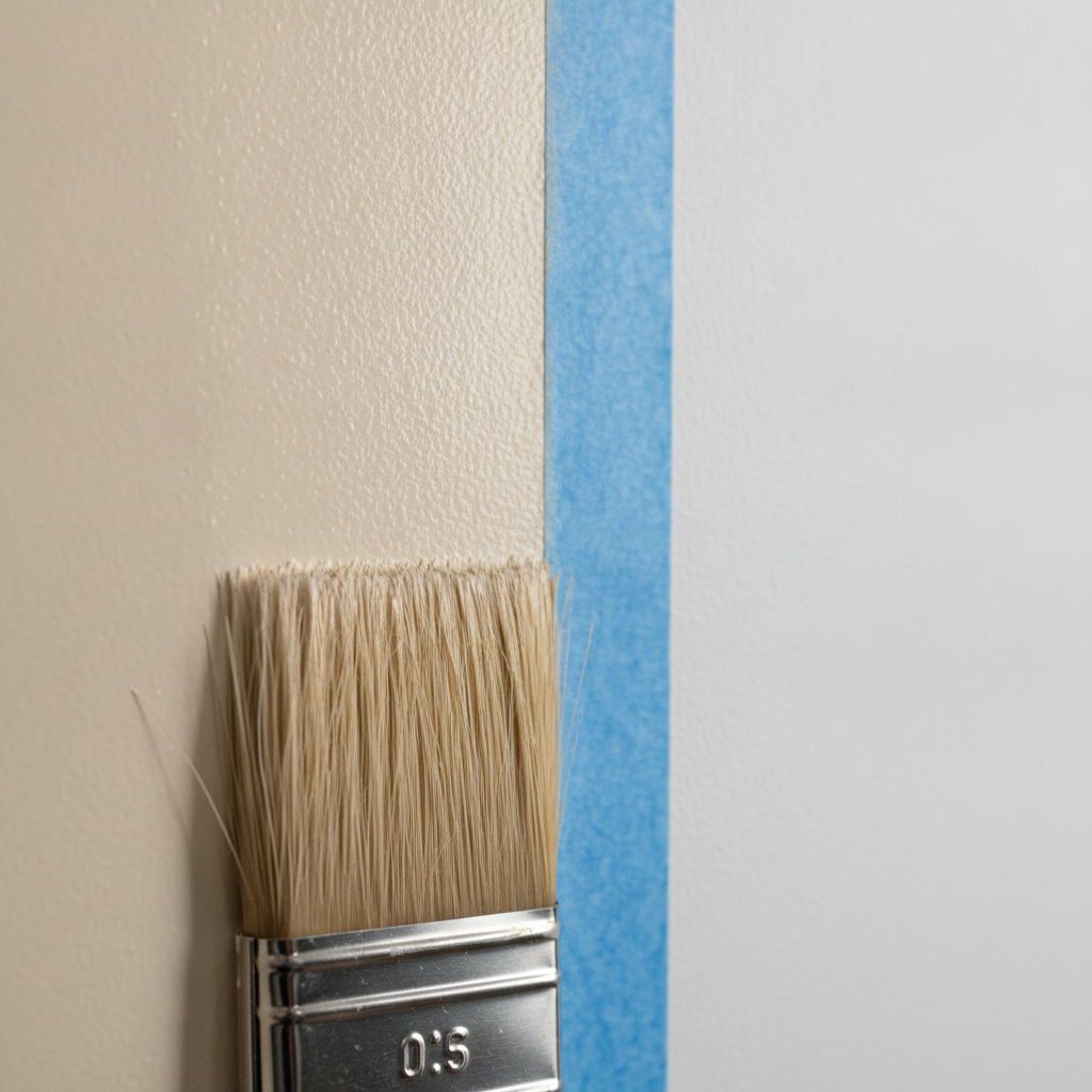 Close-up cutting-in line by interior house painters with clean brushwork and painter’s tape for a sharp ceiling-to-wall edge
