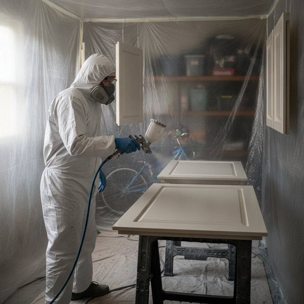 Professional cabinet spraying setup with HVLP sprayer in a sealed area for a factory-like finish by interior house painters