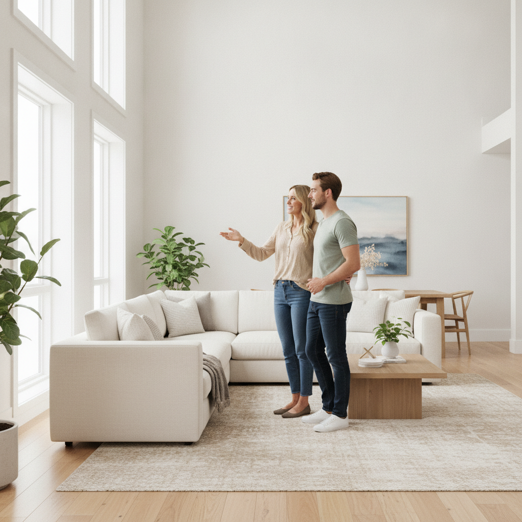 Real estate agent guiding buyers through a bright living room in Cambridge, illustrating market education and buyer representation