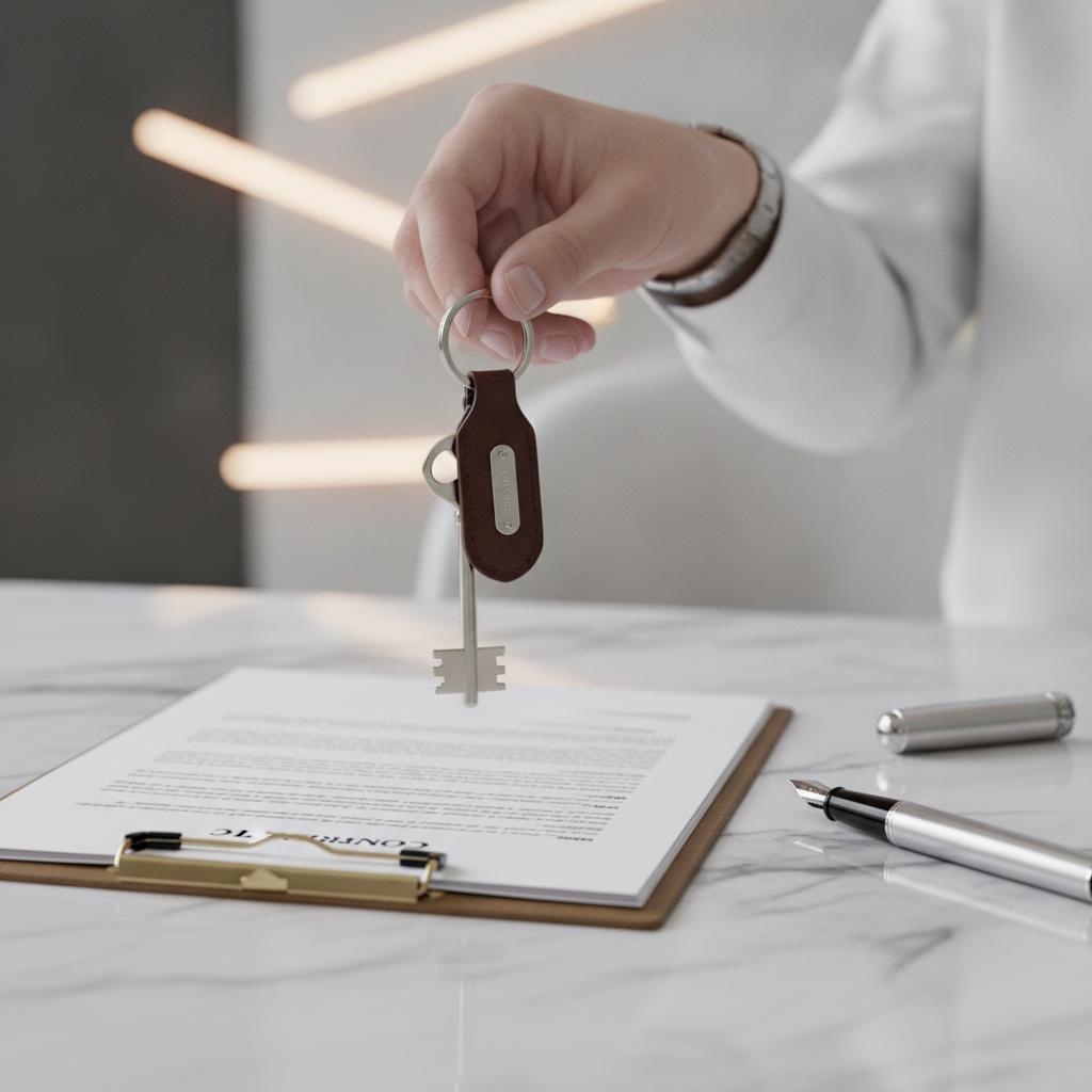 Close-up of a luxury real estate agent presenting house keys on marble table, symbolizing premium closing experience with a luxury real estate agent