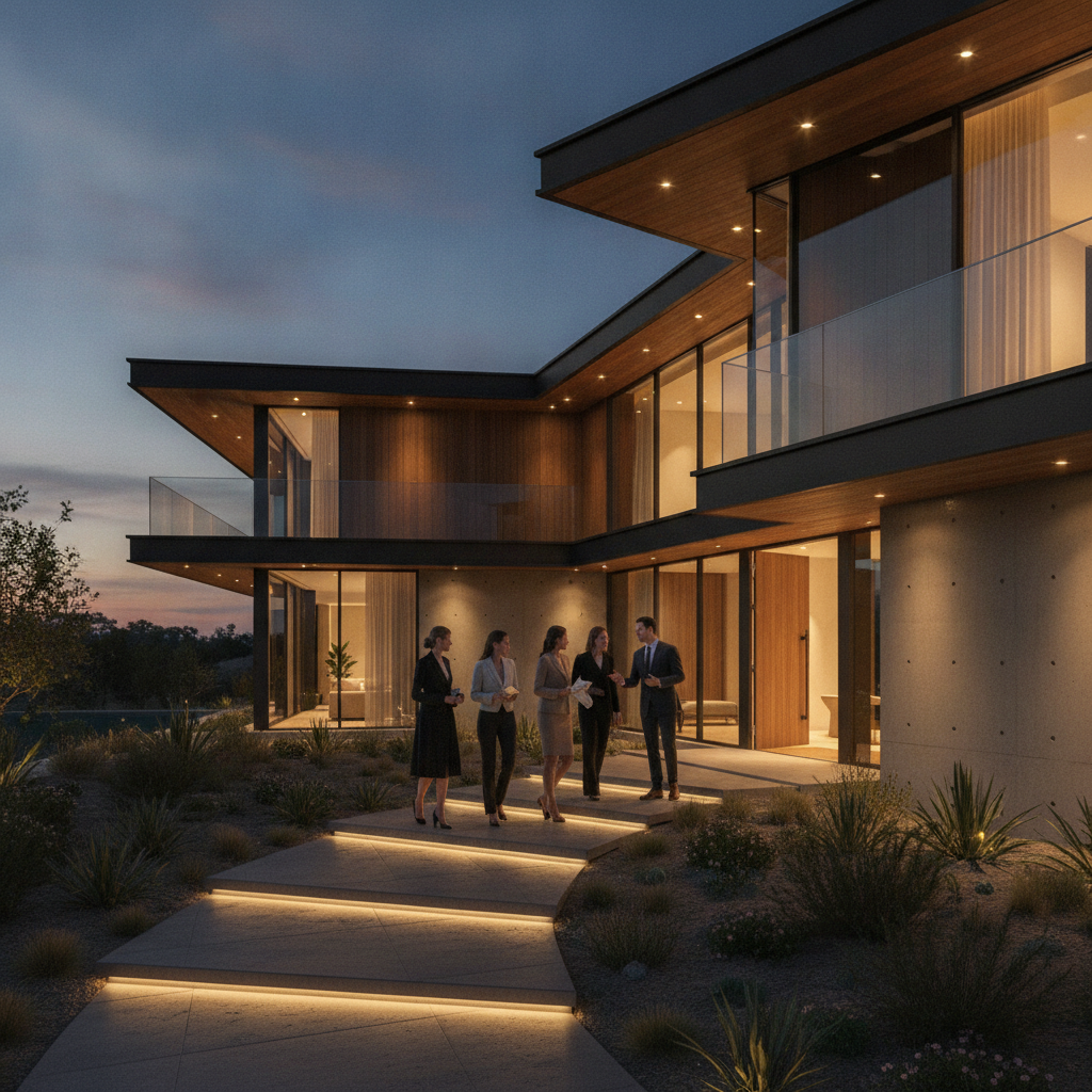 Twilight exterior of a modern luxury home with guests arriving for an exclusive open house hosted by a luxury real estate agent