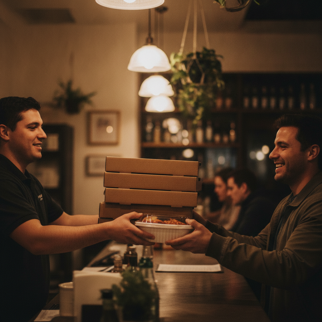 Milano takeout handoff in Kemptville showing pizza boxes and wings being passed to a customer at the counter for pickup
