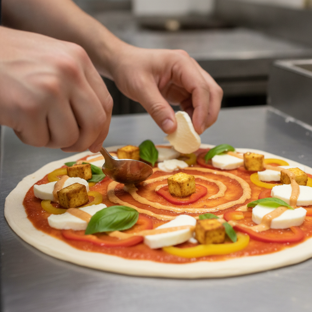 Close-up of Milano pizzeria menu customization with paneer and butter chicken sauce swirl on pizza dough, showing fresh toppings and gluten-free option context