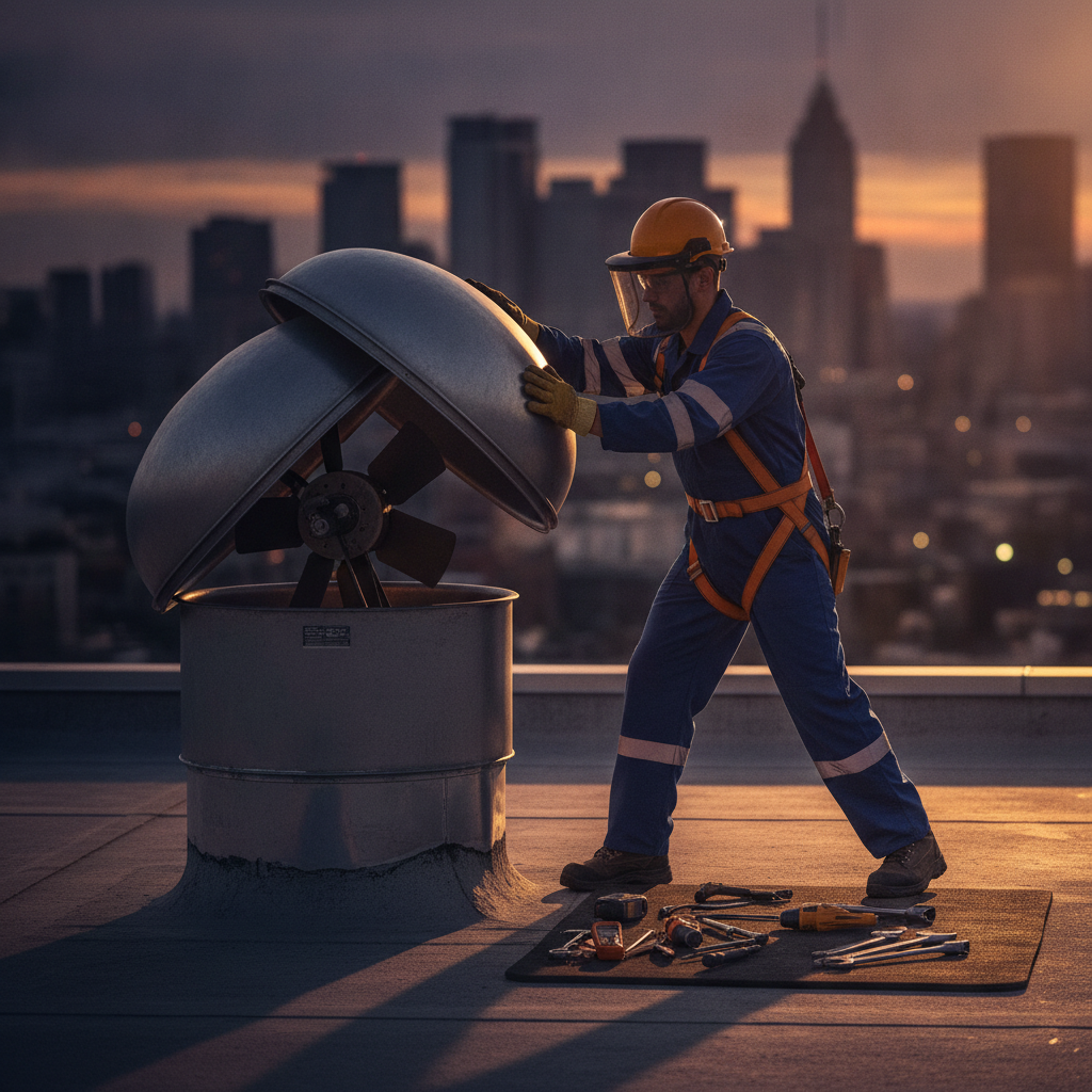 Technician opening a rooftop upblast exhaust fan during golden hour, checking belt tension and housing condition as part of kitchen exhaust maintenance