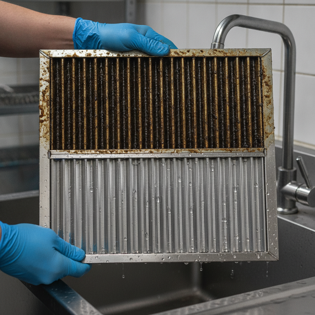 Commercial baffle grease filter close-up showing grease buildup versus clean stainless steel, a key exhaust maintenance warning sign
