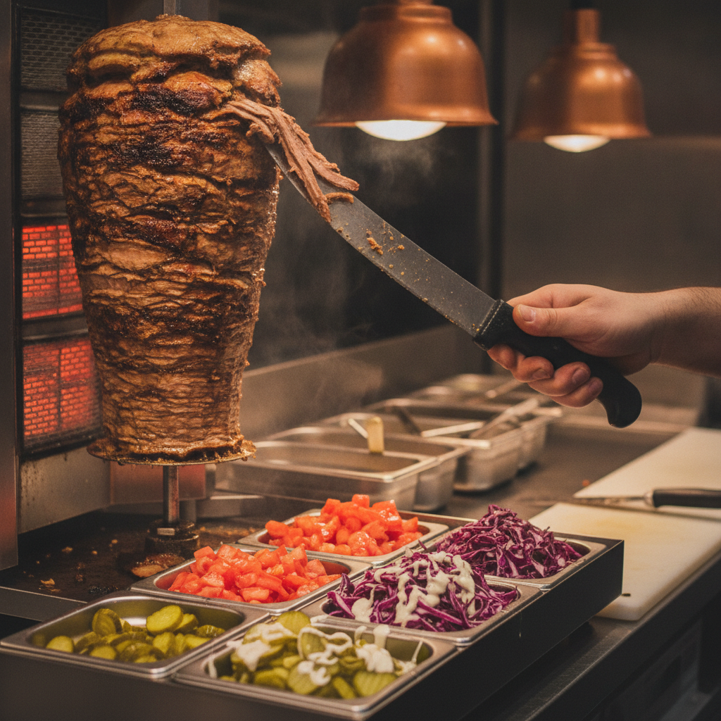 Close-up of shawarma sliced from rotisserie with toppings for Toronto catering, highlighting menu customization and dietary options