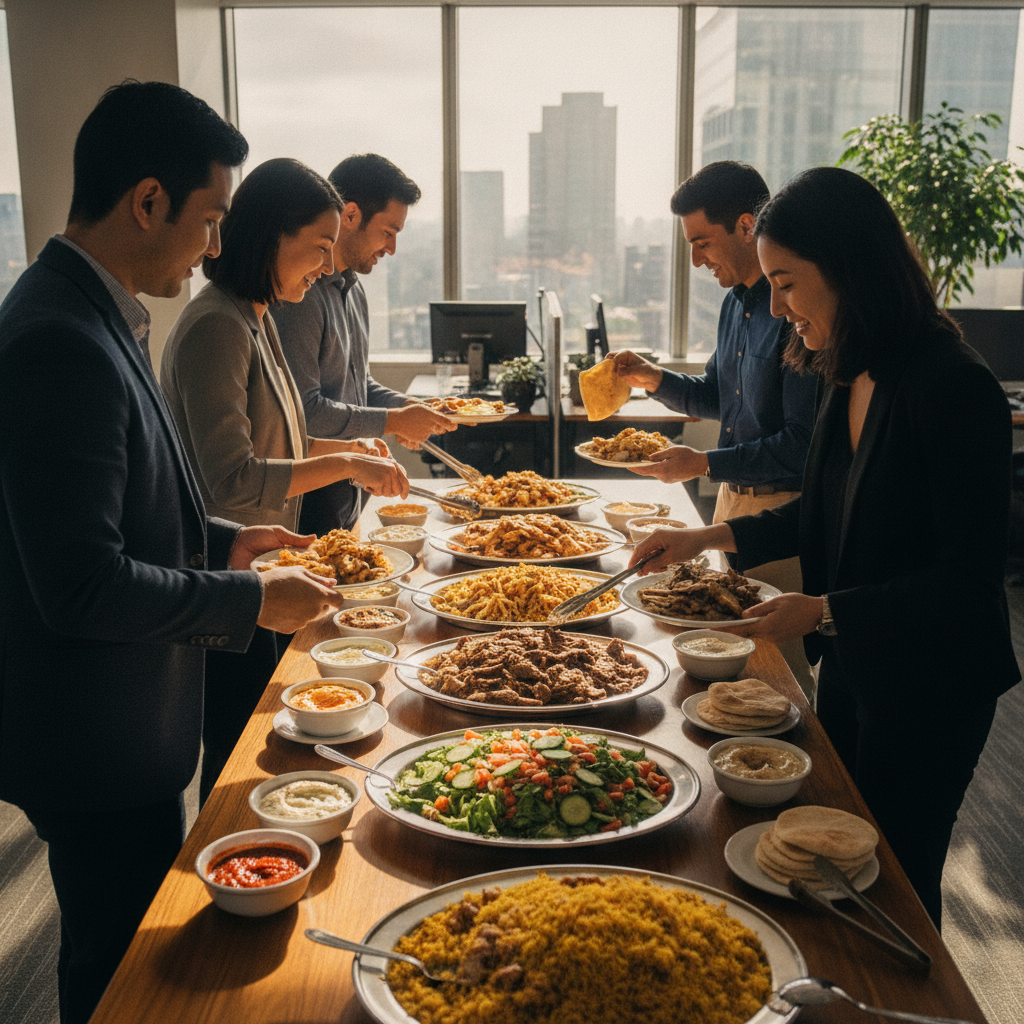 Corporate lunch buffet with shawarma platters in Toronto office, illustrating buffet service style and line flow