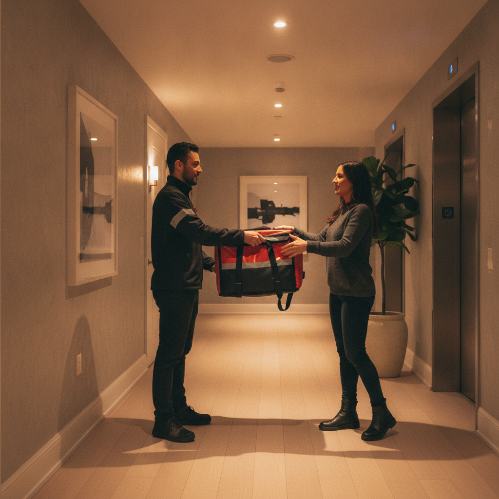 Courier handing an insulated delivery bag to a customer in a modern Calgary condo hallway at night