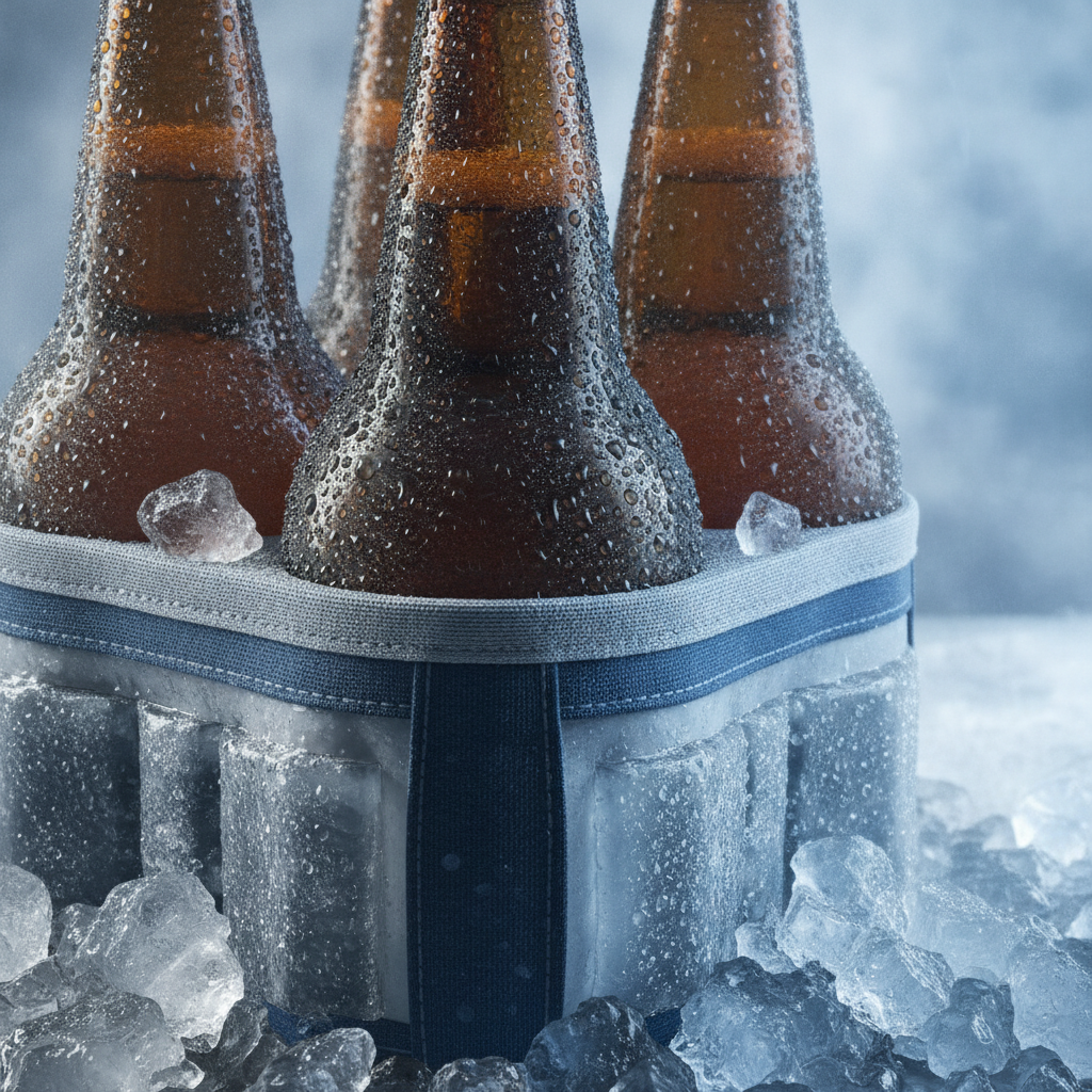 Close-up of condensation-covered beer bottles in a chilled carrier for fast beer delivery in Calgary