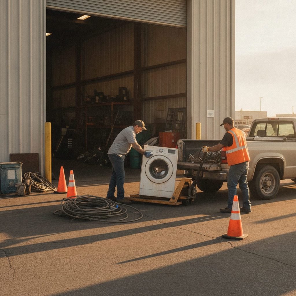 Customer unloading an old washer and cables at an Etobicoke scrap yard drop-off lane with staff assistance, showing safe and efficient prep for better scrap metal rates