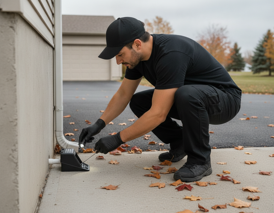 Exterior foundation inspection with a technician checking a tamper-resistant bait station and sealing a utility gap