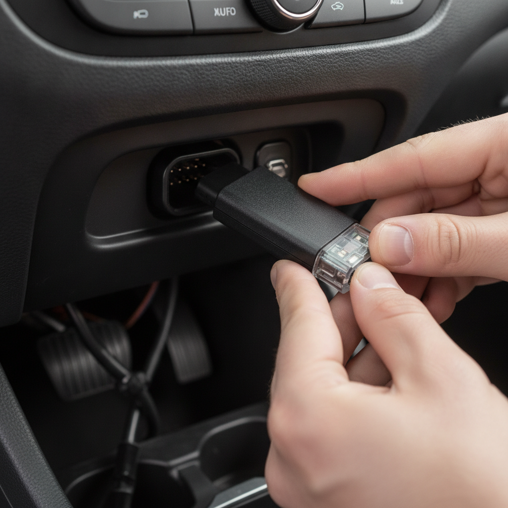 Detail shot of a telematics OBD-II device being plugged in to optimize Toronto auto insurance rates