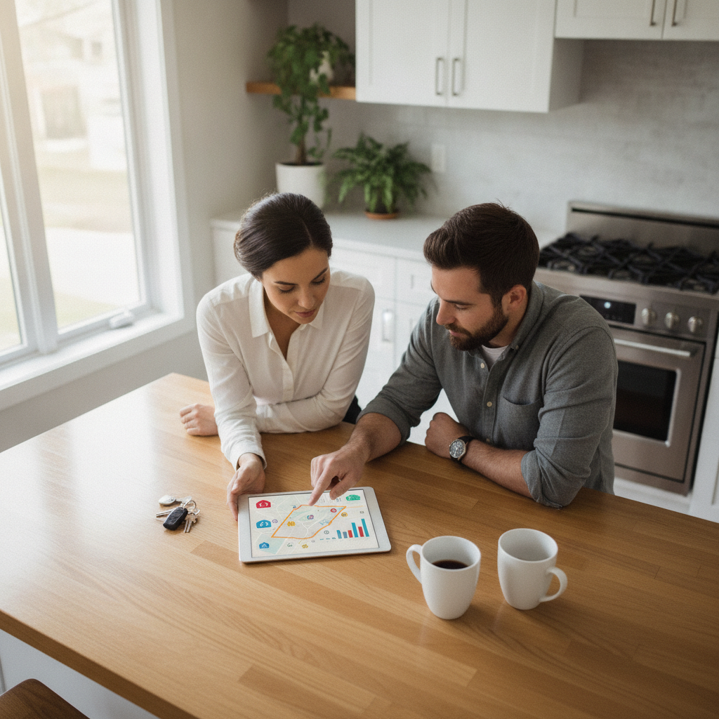 Agent and homeowner reviewing a CMA with neighborhood map and comparables to price a North York home to sell