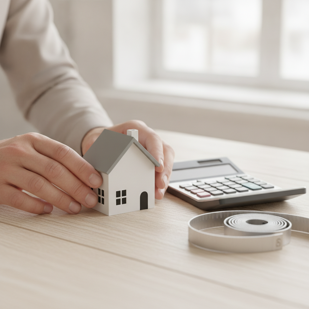Close-up of home pricing setup with model house, calculator, and tape measure, illustrating pricing a home to sell accurately