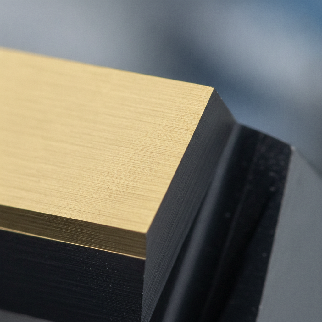 Close-up of a carbide cutting edge with golden TiN PVD coating showing uniform thickness and smooth surface finish