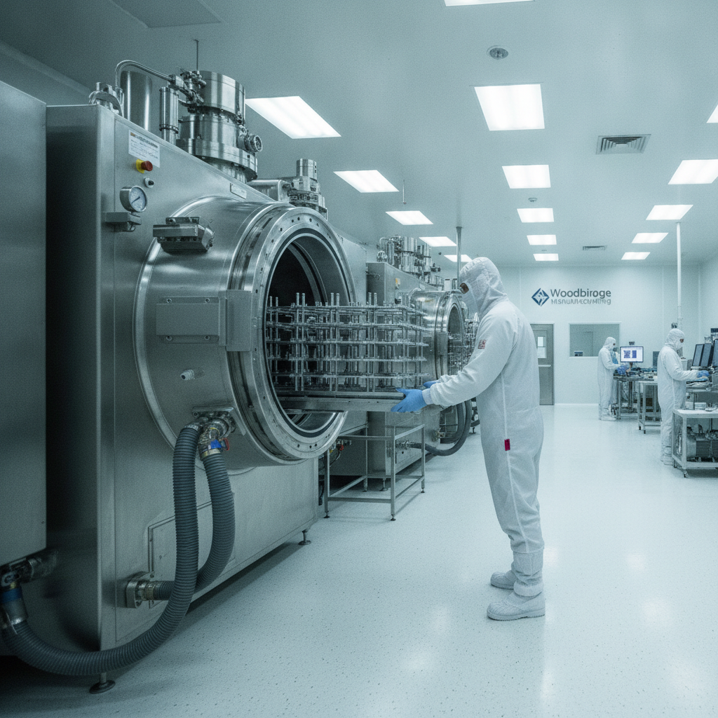 Technician loading racks of precision components into a large PVD vacuum chamber in a Woodbridge manufacturing facility