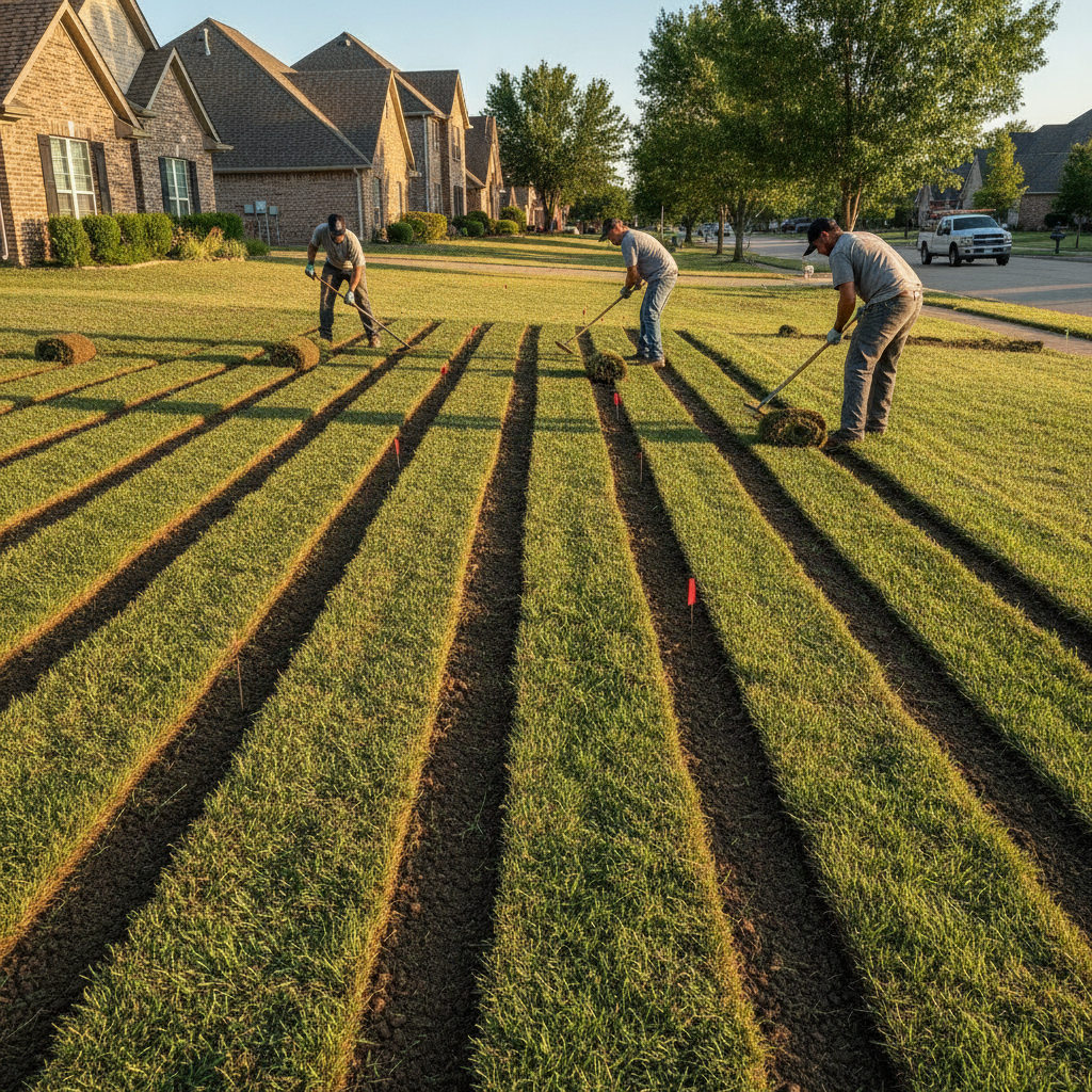 Fresh sod being installed on a perfectly graded lawn with sprinkler flags and even slope in Mississauga