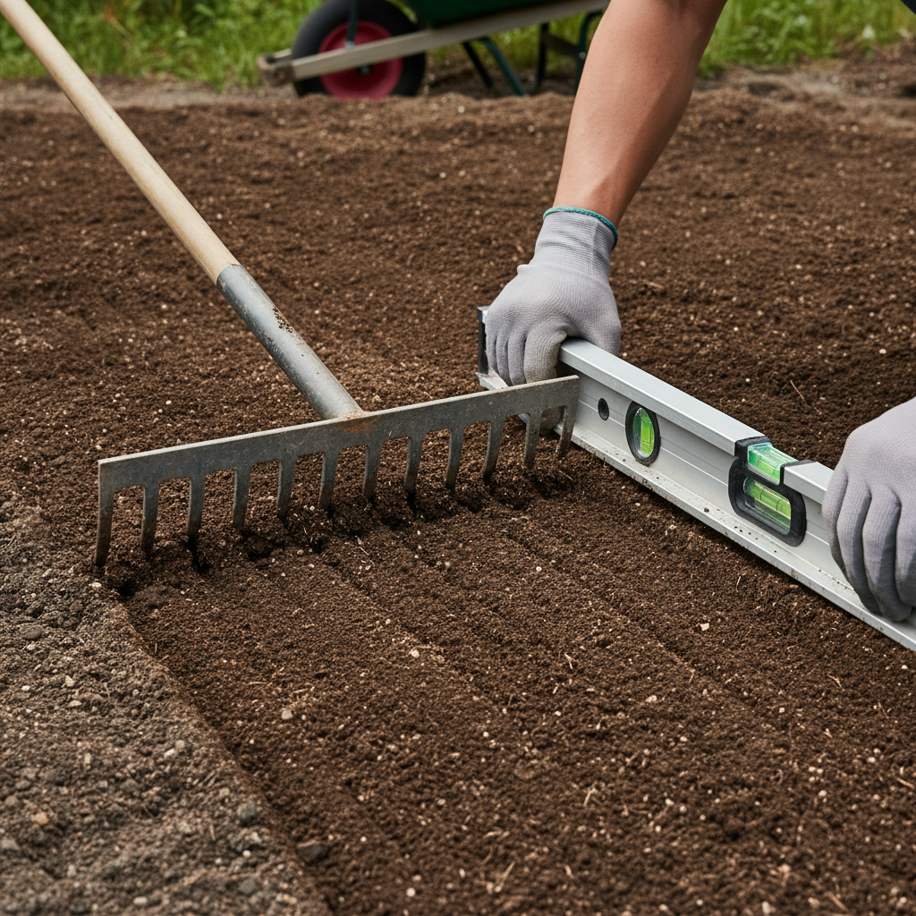 Close-up of fine grading topsoil with rake and level before sod installation in Mississauga
