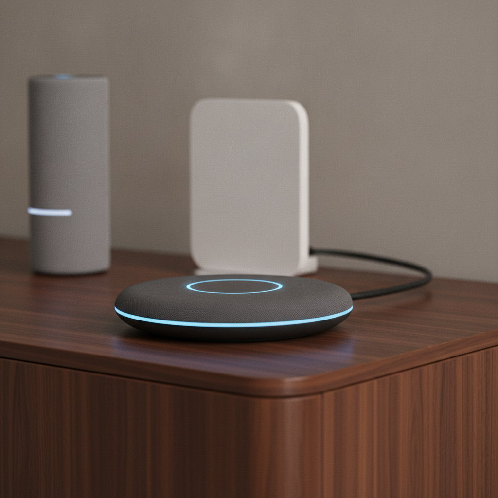 Close-up of a smart home hub with voice assistant and mesh Wi‑Fi node in a modern setup