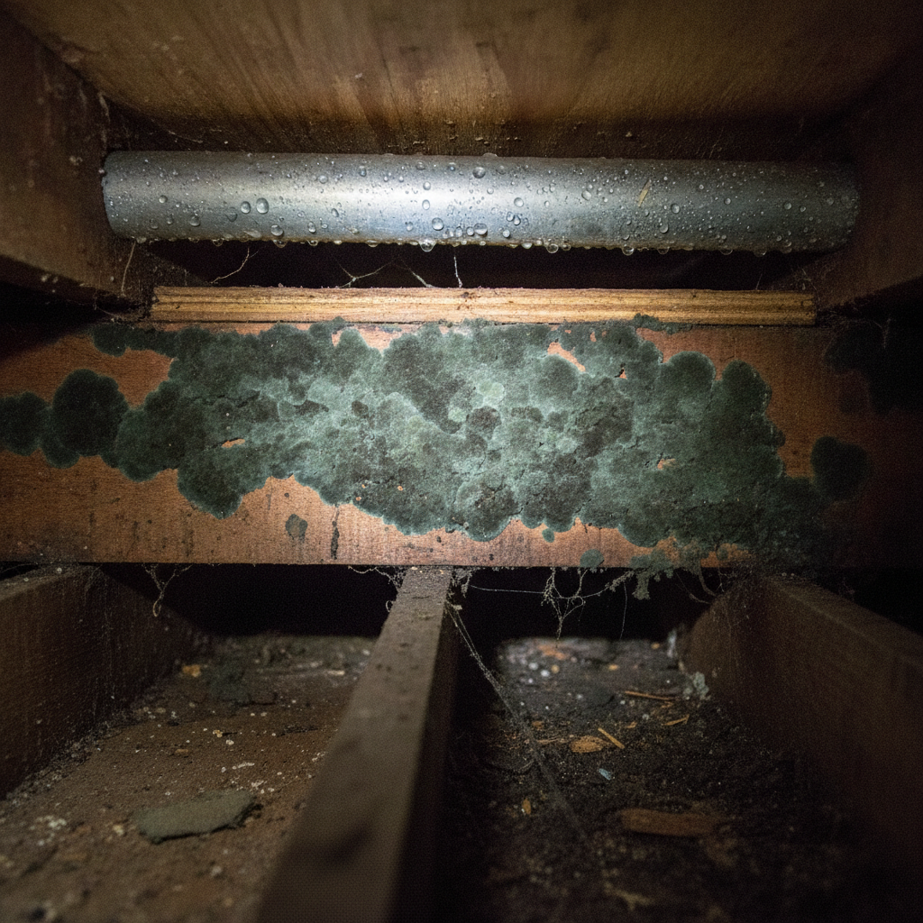 Close-up of crawl space mold on floor joists with moisture on pipe; inspection highlighting crawl space mold removal concerns