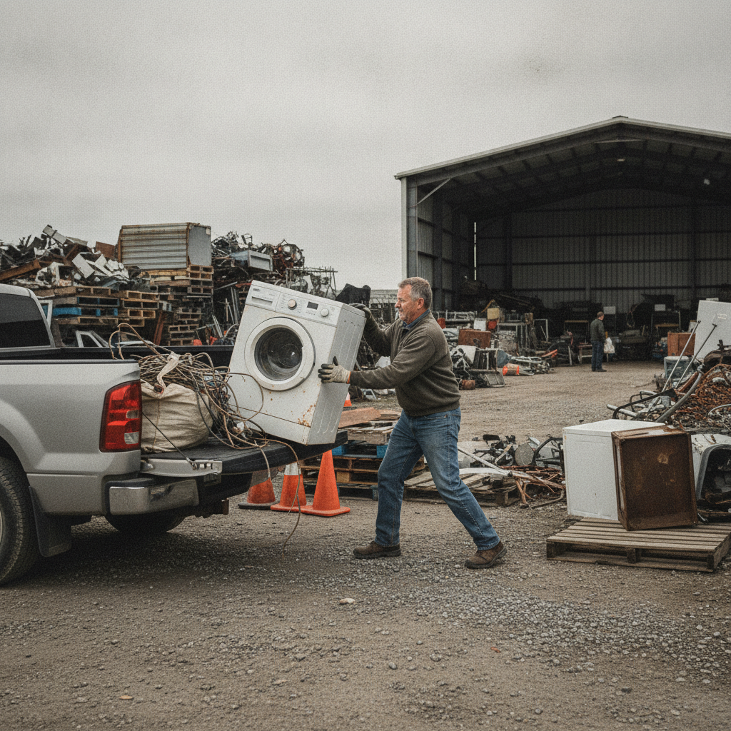 Homeowner unloading an old washer and cables at an Etobicoke scrap yard drop-off area for responsible recycling and better scrap prices