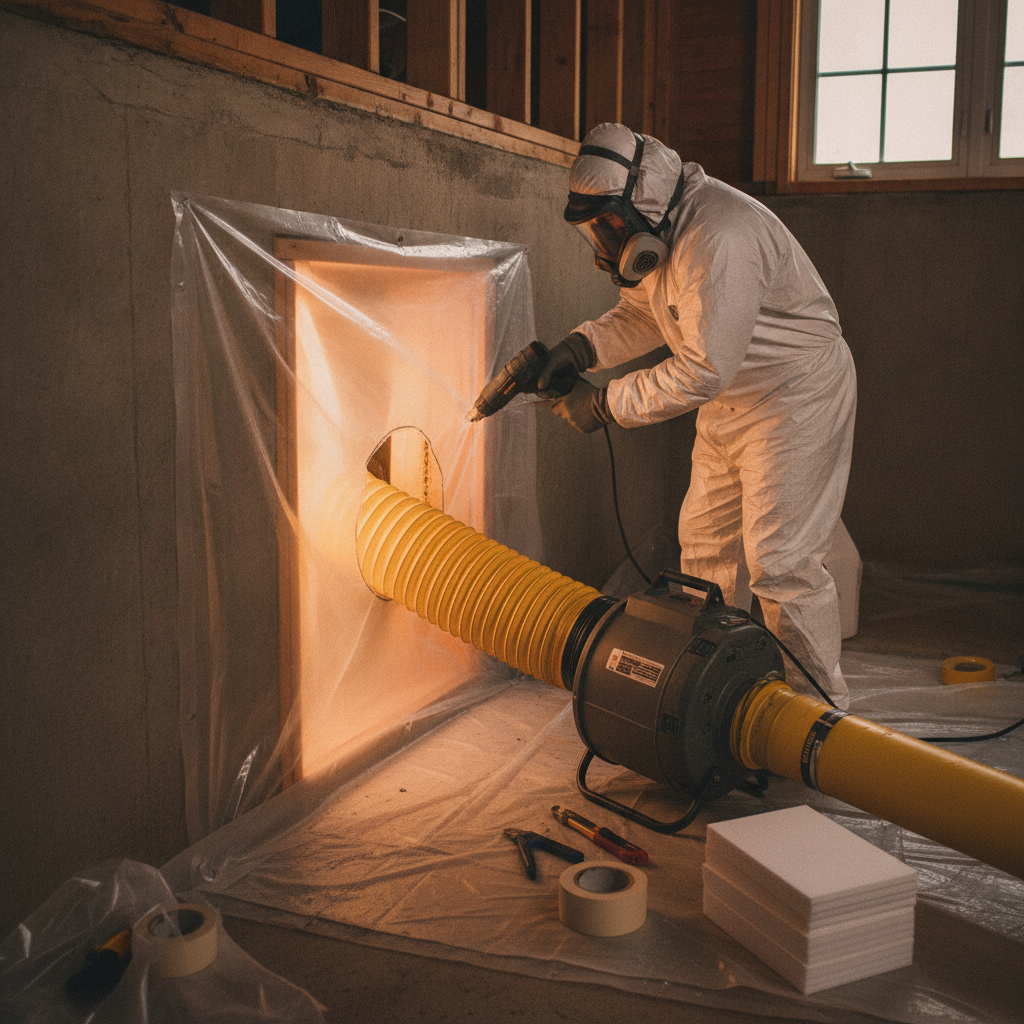 Technicians in PPE sealing crawl space access with containment plastic and negative air setup for crawl space mold remediation
