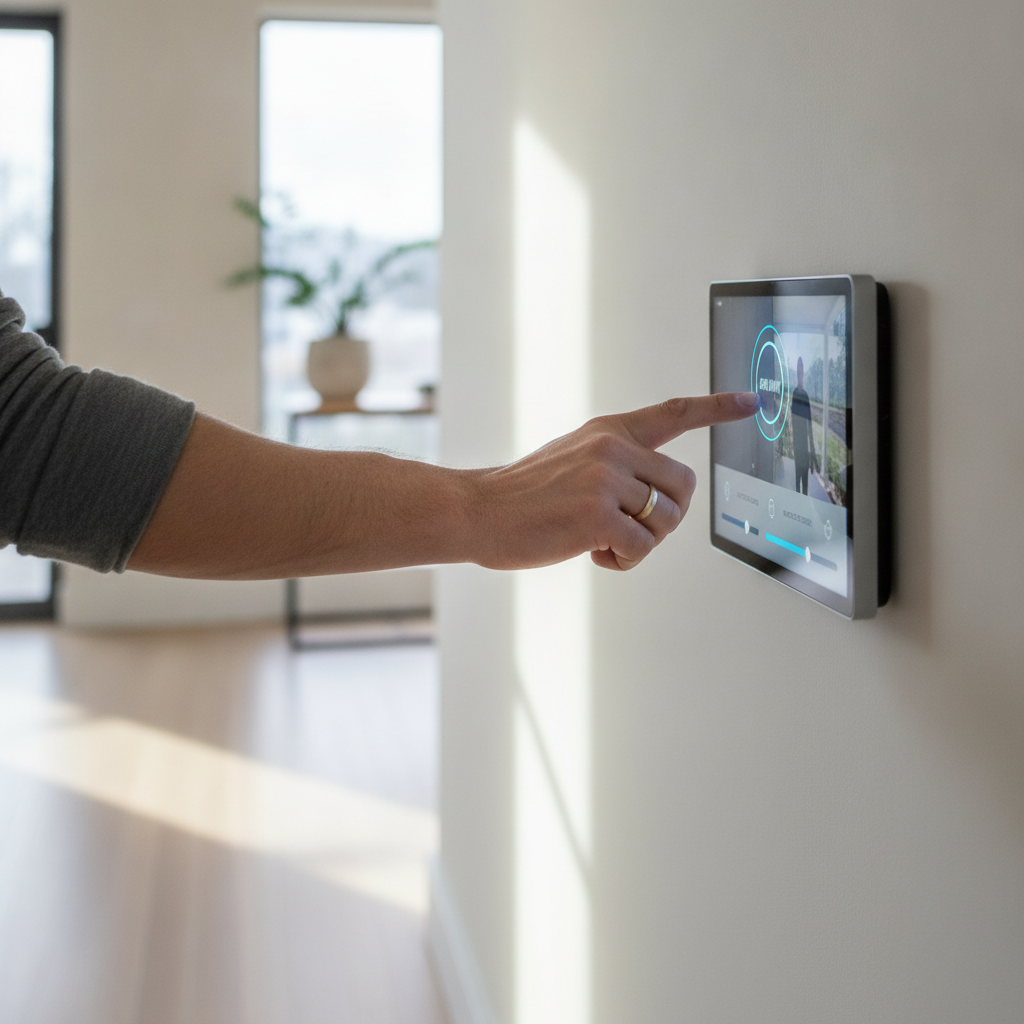 Homeowner using a wall-mounted touchscreen to arm security and set a lighting scene via a smart home hub