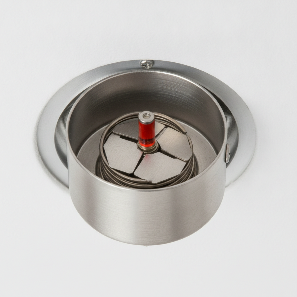 Close-up of a concealed fire sprinkler head with cover plate removed, showing thermal element and folded deflector for technical understanding