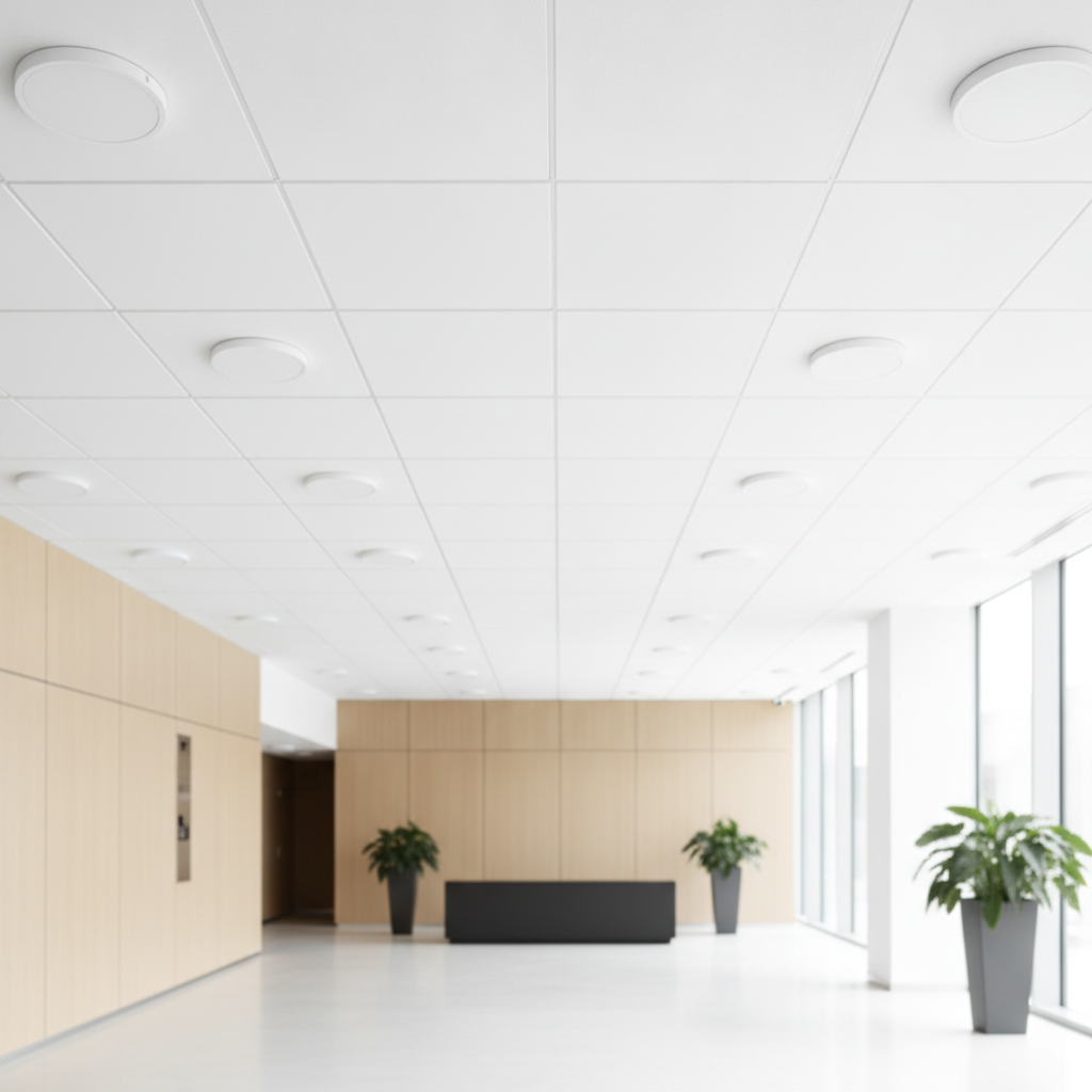 Modern office ceiling with concealed fire sprinkler heads flush-mounted under round cover plates, illustrating concealed sprinkler aesthetics and safety