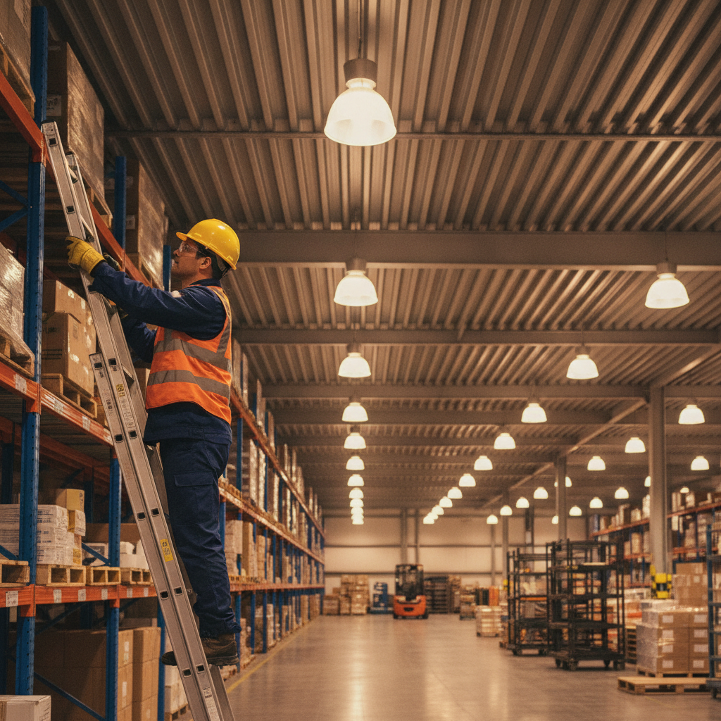 Safety technician on ladder inspecting a concealed sprinkler in a warehouse aisle, demonstrating inspection practice and signage coordination