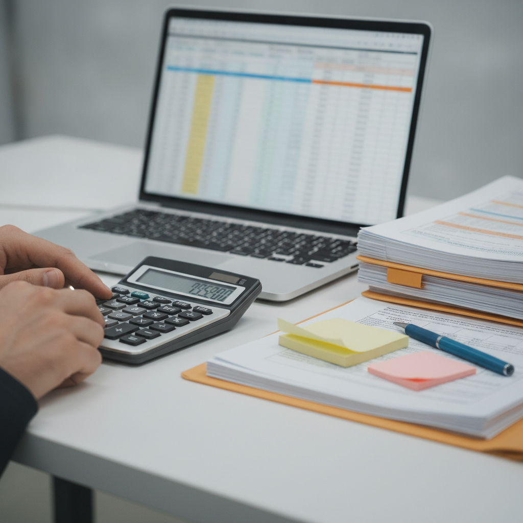 Close-up of tax accountant tools: calculator, laptop spreadsheets, and organized tax documents for BAS and year-end reporting