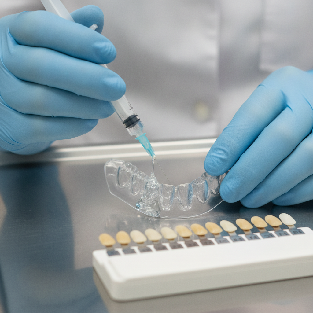 Close-up of a teeth whitening dentist applying gel to custom trays beside a shade guide in a Scarborough clinic