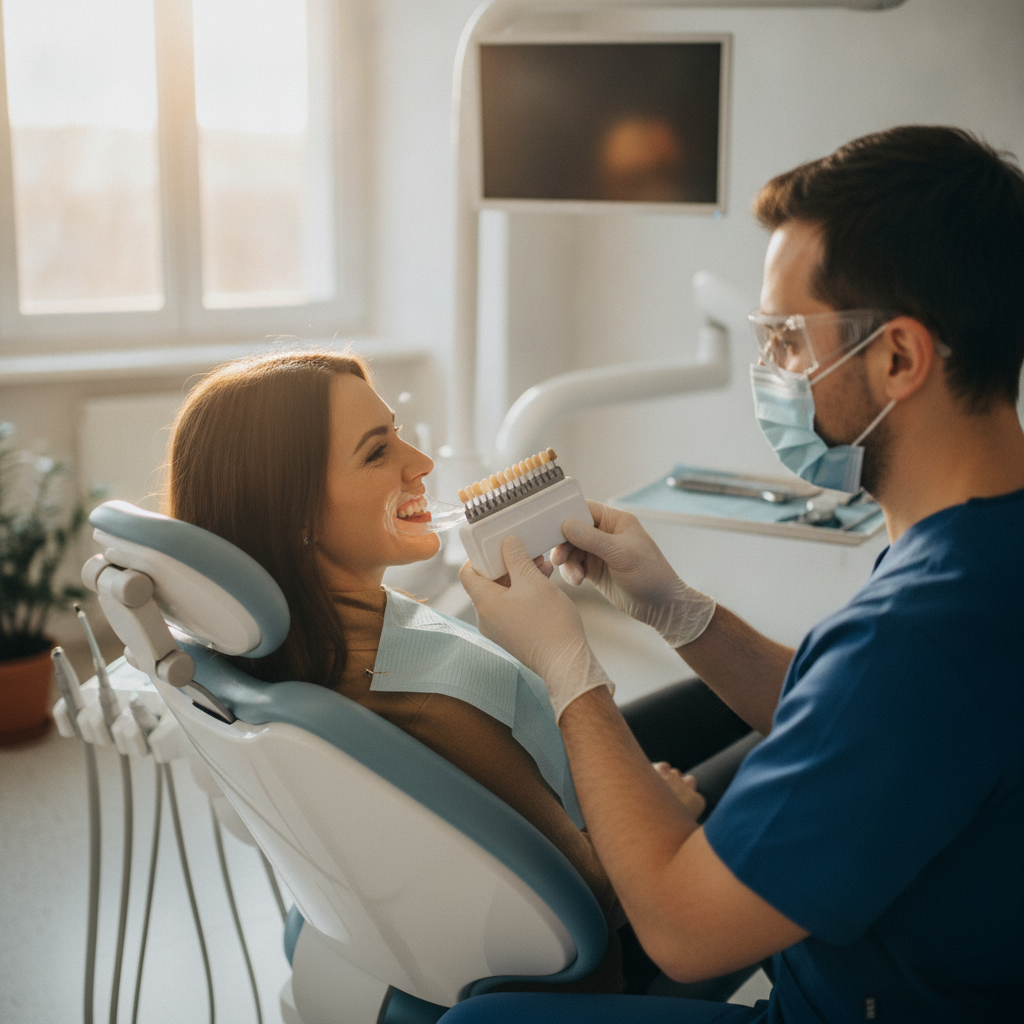 Smiling patient reviewing a shade guide after professional teeth whitening at a Scarborough dental clinic
