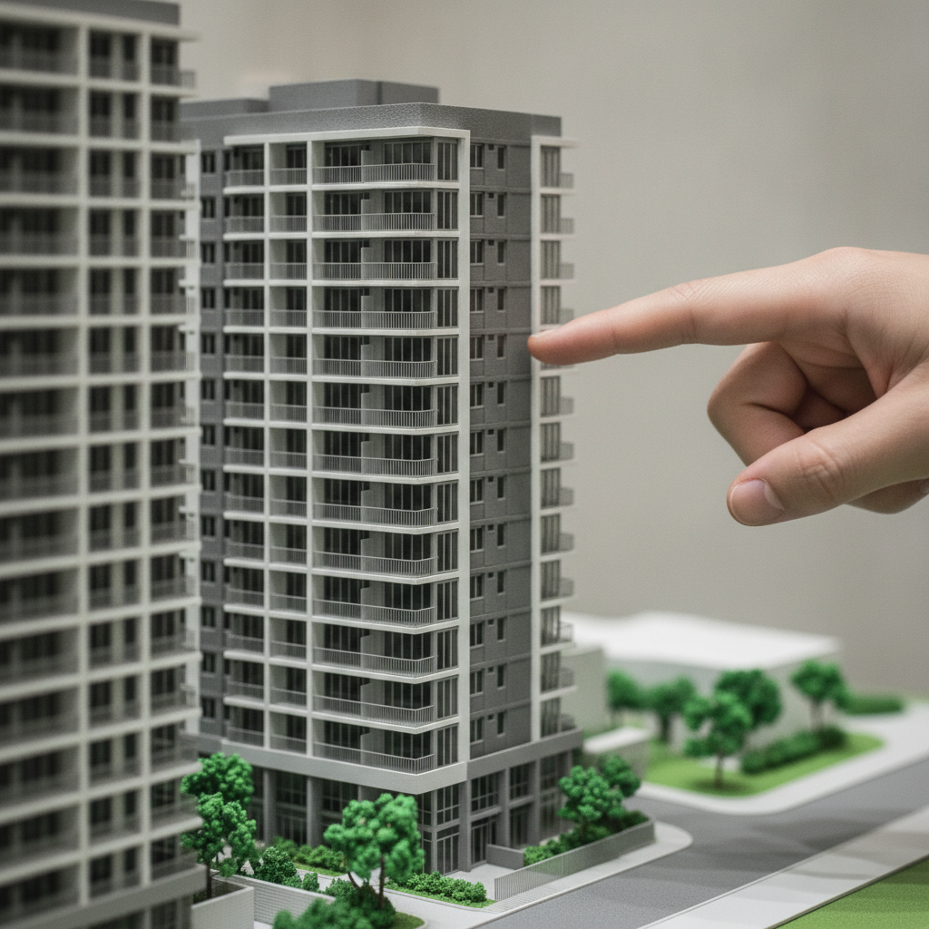 Close-up of a Brampton pre-construction scale model with a hand pointing to a unit, illustrating deposit schedule and floor plan review