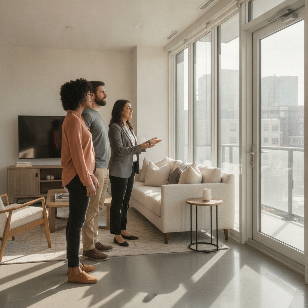 Brampton model suite scene in a sales center, couple viewing a furnished living room during a pre-construction appointment