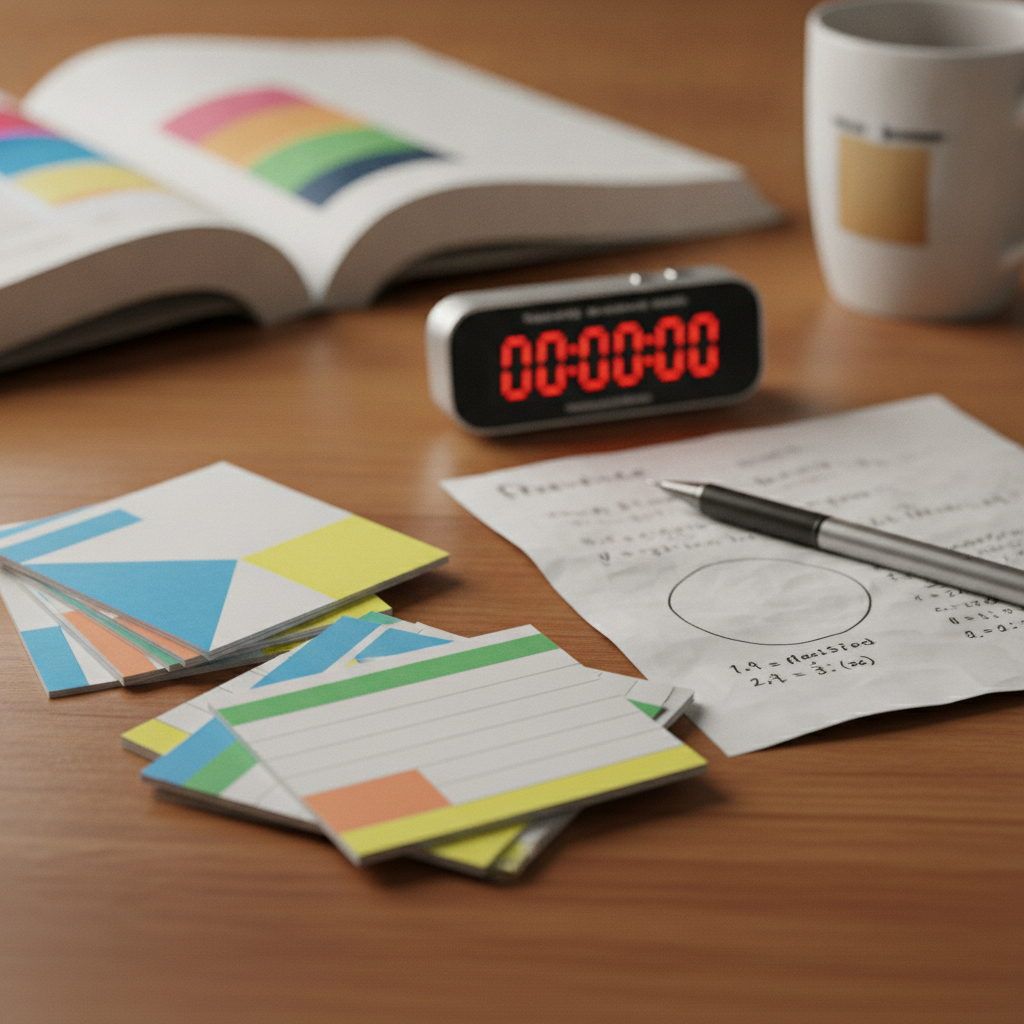 Close-up of color-coded PMI-PBA exam prep notes, timer, and practice questions for an 8-week study plan