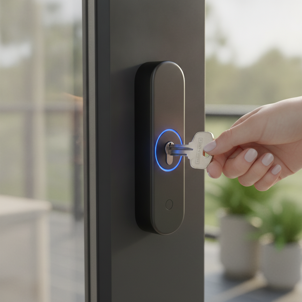Close-up of a key entering a modern front door lock, symbolizing secure steps to buy property in Canada
