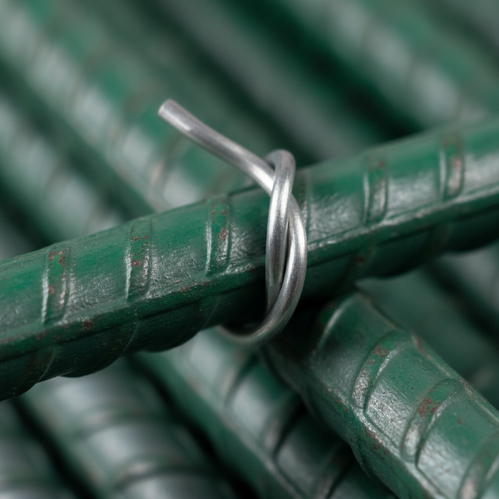 Close-up of epoxy-coated steel rebar ribs tied with wire, part of steel reinforcement supplies for Ontario projects