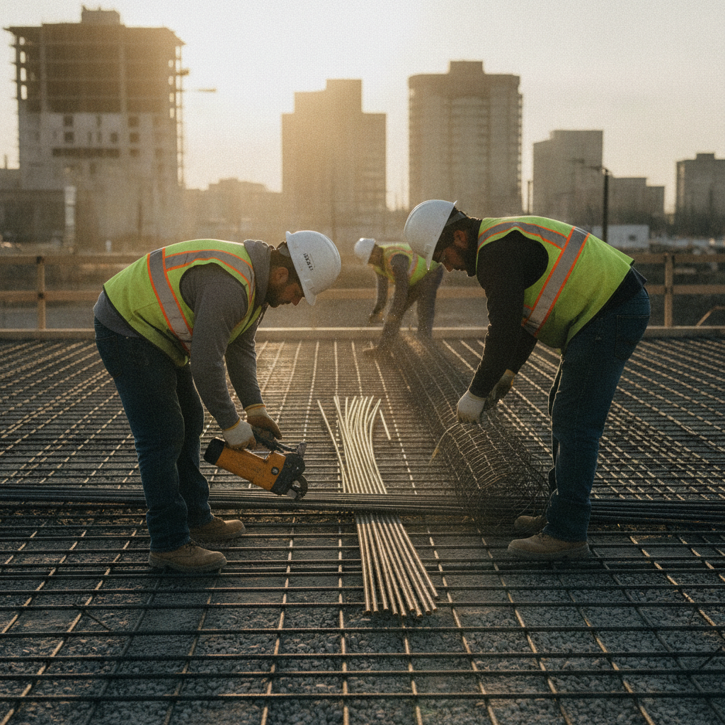 Construction crew tying 15M rebar and placing welded wire mesh on a mid-rise site in Ontario, demonstrating best practices for steel reinforcement supplies