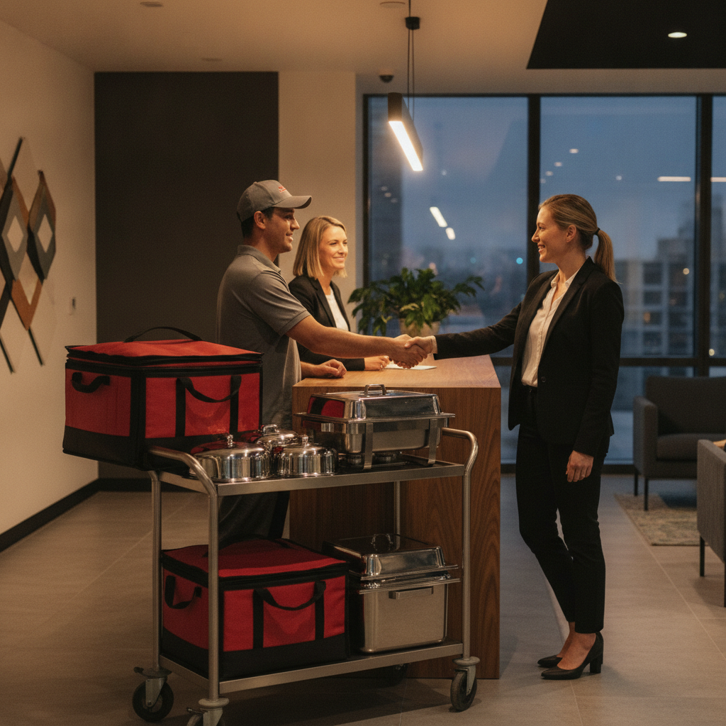 Catering delivery handoff for corporate special events at an office reception with insulated bags and chafing dishes