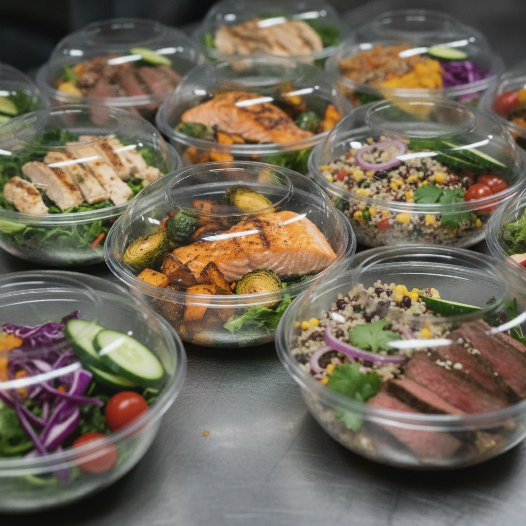 Close-up of individually packaged gourmet office meals for catering and special events with colorful salads and proteins