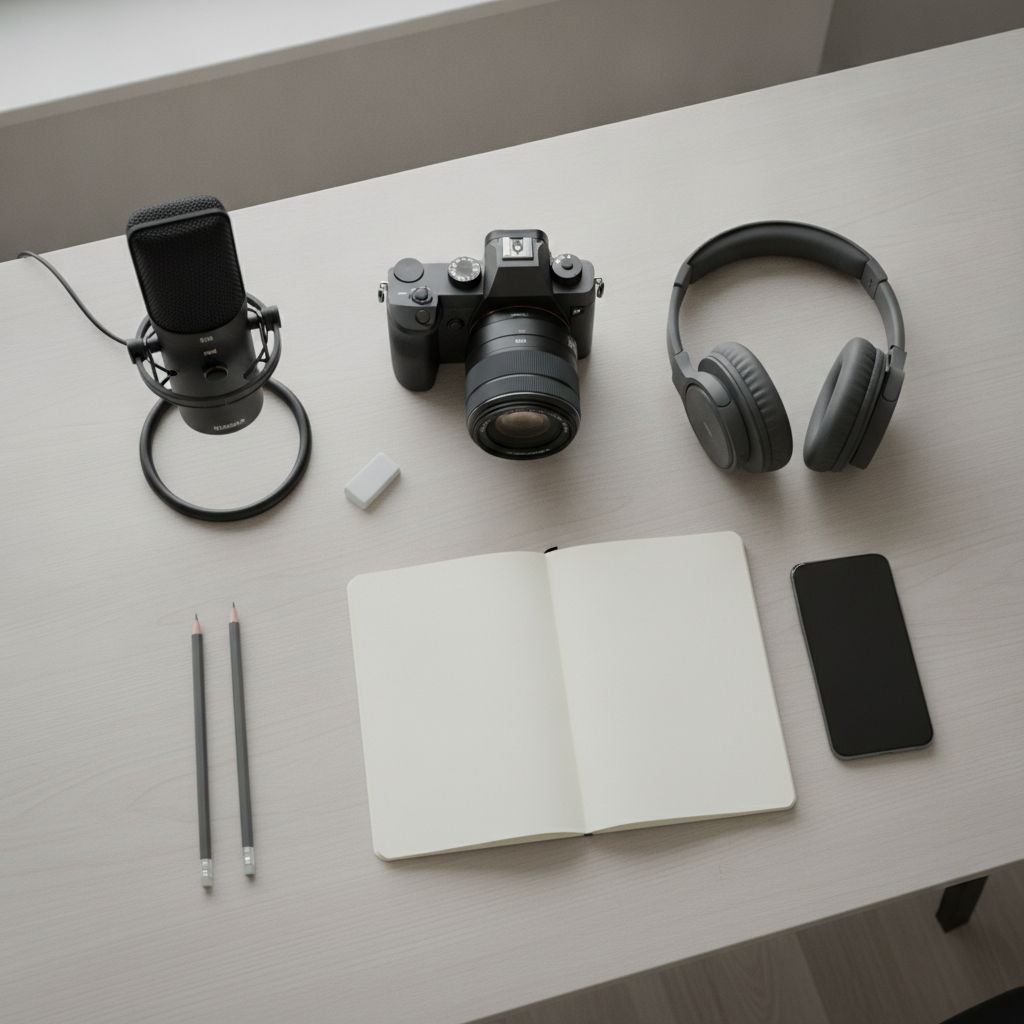 Top-down desk setup with content creation tools supporting SEO blog content production workflow