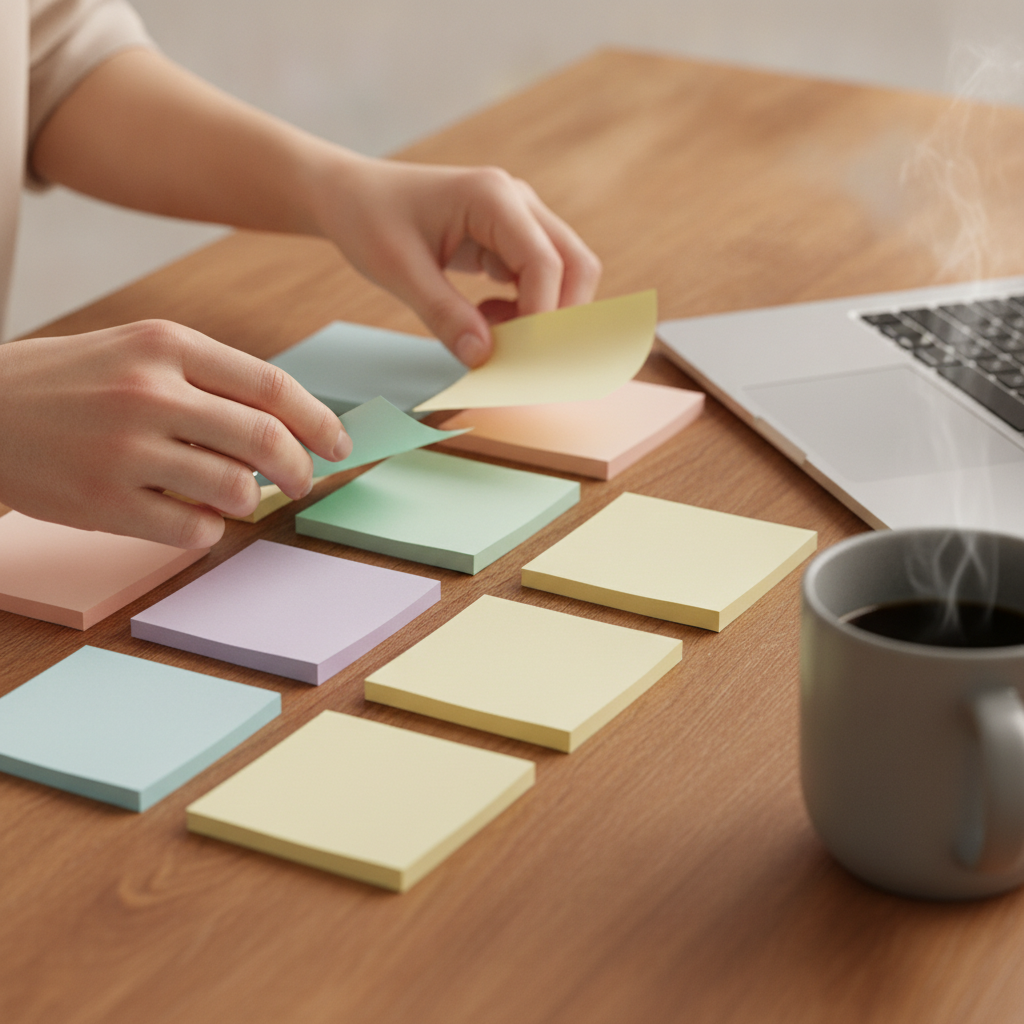Close-up of content planning workflow with sticky notes, reflecting SEO blog content structure planning