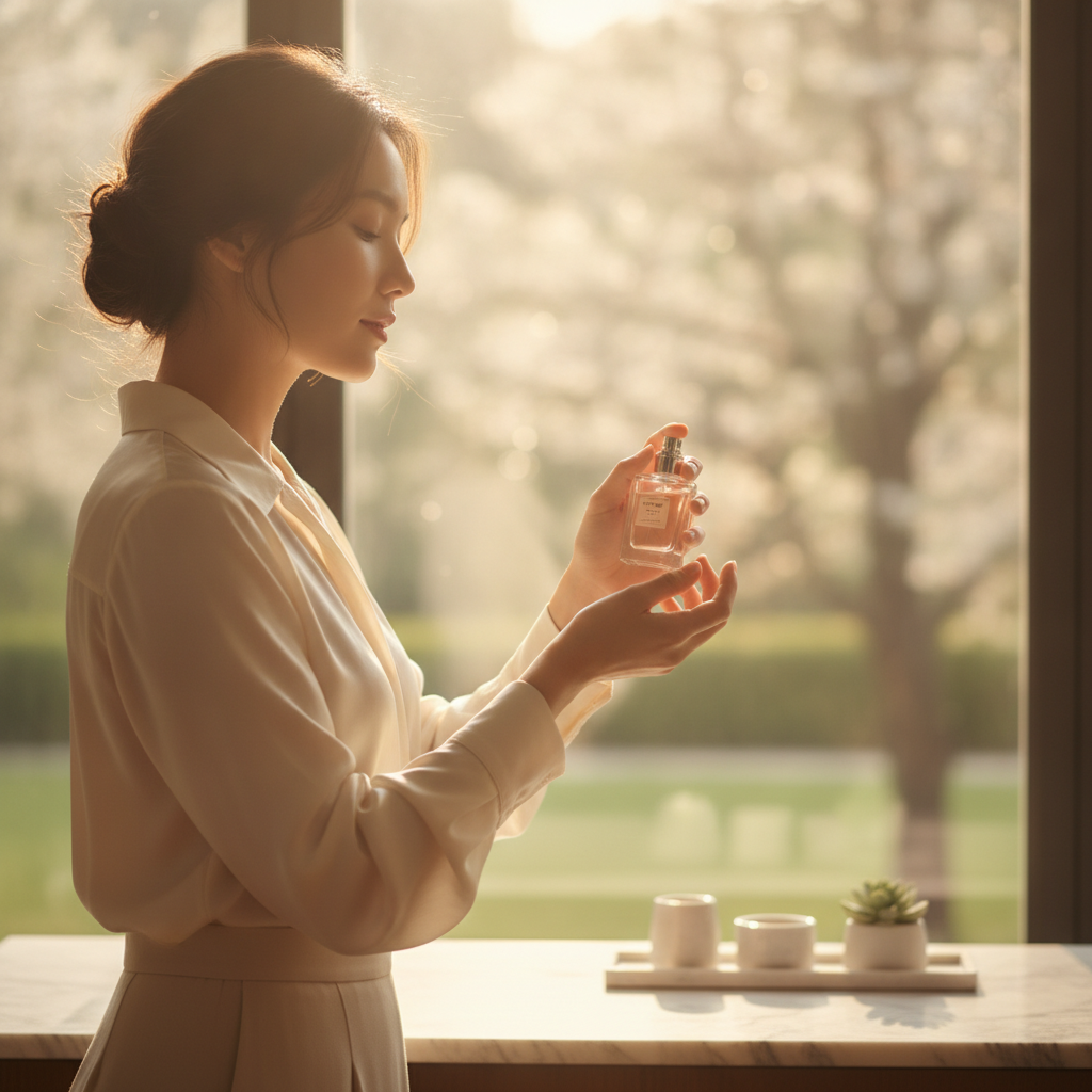 Lifestyle scene of a woman applying an eau de parfum to wrist pulse points—best practices for luxury women’s fragrances