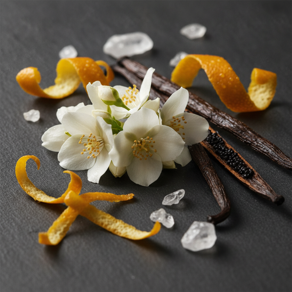 Close-up of jasmine, vanilla, bergamot, and ambroxan—key notes in luxury women’s fragrances—arranged artfully to illustrate top, heart, and base construction