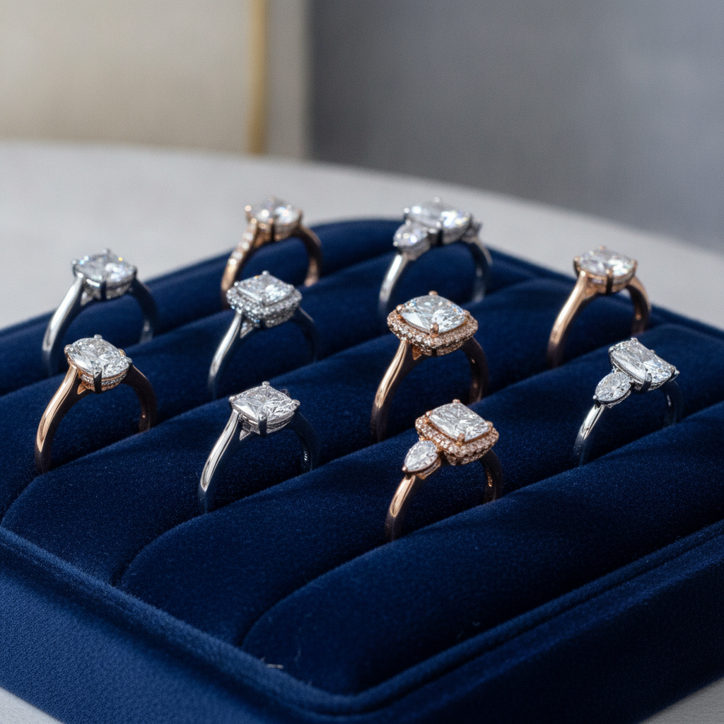 Overview of lab grown diamond engagement rings in solitaire, halo, and three-stone settings on a velvet tray, luxury diamonds aesthetic